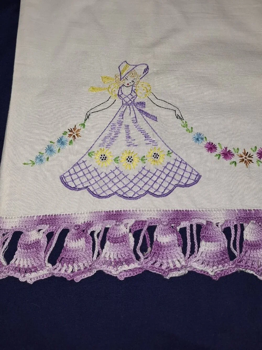 Vintage Embroidered Pillowcases 2 Ladies Big Skirts